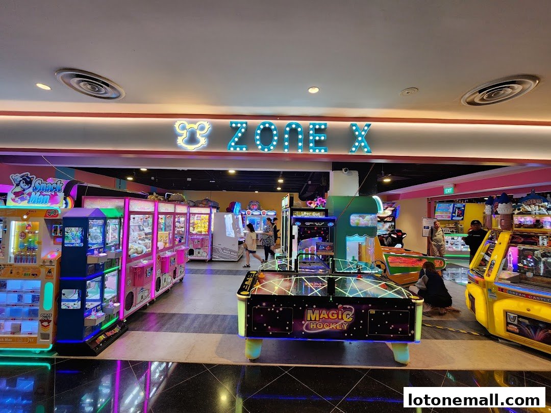 Interior view of Zone X arcade with various game machines and people playing.